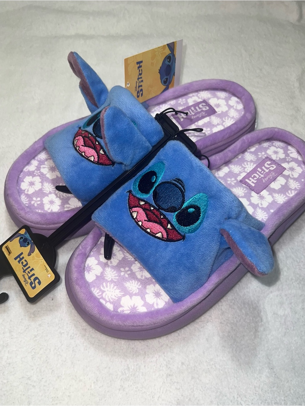 Stitch Plush Slide Slippers for Women in Blue & Purple